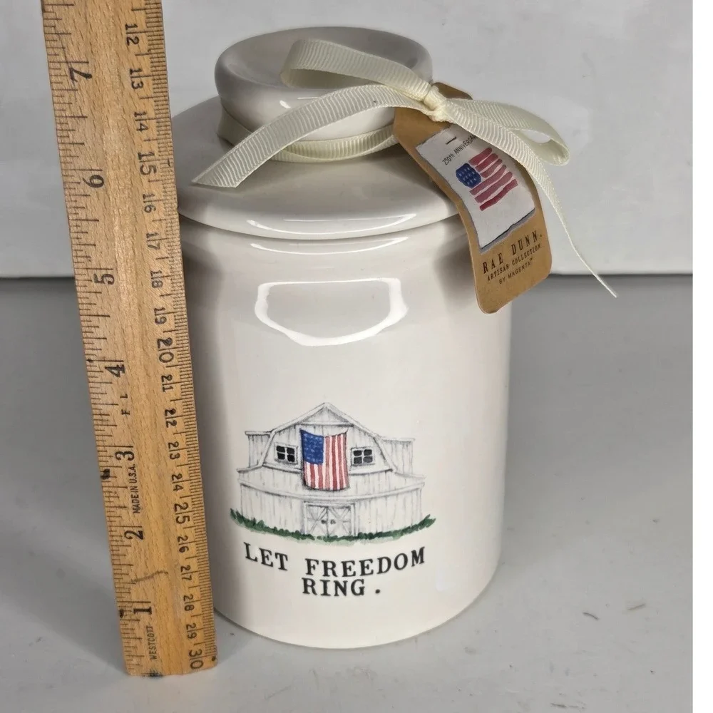 Rae Dunn Let Freedom Ring Barn American Flag Ceramic Canister Jar 250th Anniv